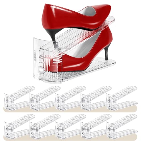 Shoe Slots Organizer 10 Pack - Shoe Stackers,3 Levels Adjustable,Space Savers 50%,Double Layer Holders for Closet (Transparent),Organizador de Zapatos - color: 10Pack Clear
