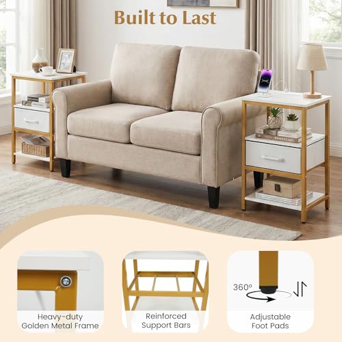 KOMFOTT Nightstand with Charging Station, Bedside Table with Fabric Drawer & Open Storage Shelves, End Table with Metal Frame, Modern Side Table for Bedroom, Small Space, Golden & White (1)