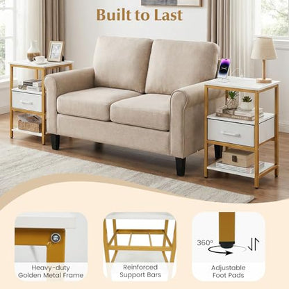 KOMFOTT Nightstand with Charging Station, Bedside Table with Fabric Drawer & Open Storage Shelves, End Table with Metal Frame, Modern Side Table for Bedroom, Small Space, Golden & White (1)