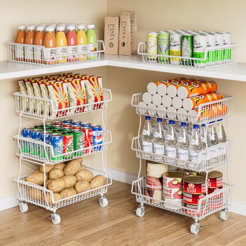 OKZEST Pantry Organizers and Storage Cart with Upgraded Metal Hub Casters | Fits under pantry shelf, Stackable fine-mesh wire baskets, 3-Tier rolling cart holds drink, snack, can, potato, onion, fruit - color: White, size: 3-Tier Baskets (Upgraded model)