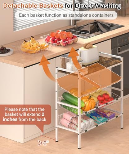 4-Tier Fruit and Vegetable Storage Rack with Wood Top & 6 Removable Baskets, Small Kitchen Island, Pantry Floor Organizer Stand Shelves for Onion Potato Snack Storage, White - style: 6 Baskets-White