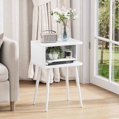 White Nightstand Set of 2, Small Bed Side Table for Small Spaces, Mid Century Modern Nightstand End Table with Open Storage, Side Table for Bedroom Living Room, MLBZ20W-2 - color: White