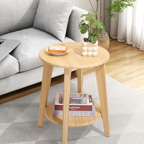 End Table Small Round Side Table with 2 Storage Shelves Walnut End Tables Accent Sofa Bedside Table Modern Night Stand for Living Room Bedroom Small Spaces - color: Beige