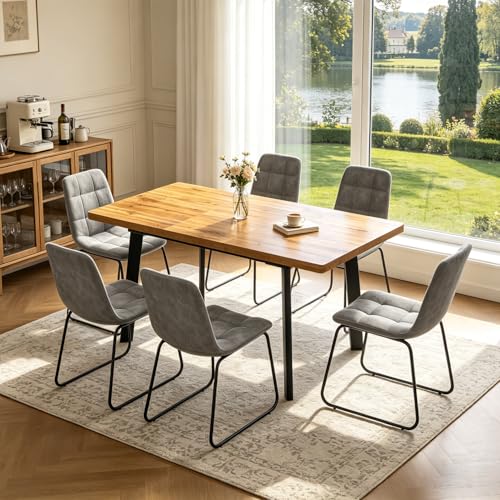 Extendable Dining Table Set for 4 to 8 People, 47.2" to 63" Modern Kitchen Table Set with 6 Chairs, MDF Dining Room Table and Chairs with Removable Extension Leaf (Walnut Table+U-Shaped Grey Chairs) - color: 47.2'' - 63'' Walnut Table+6 U Grey Chairs