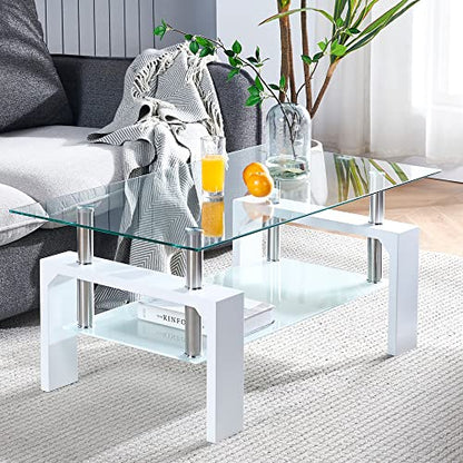 Living Room Rectangle Coffee Table, Tea Table Suitable for Waiting Room, Modern Side Coffee Table with Wooden Leg, Glass Tabletop with Lower Shelf, White 39.5 * 23.5 * 17.5 - color: White