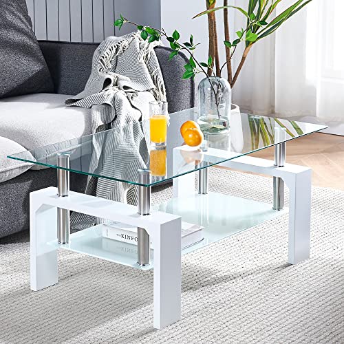 Living Room Rectangle Coffee Table, Tea Table Suitable for Waiting Room, Modern Side Coffee Table with Wooden Leg, Glass Tabletop with Lower Shelf, White 39.5 * 23.5 * 17.5 - color: White