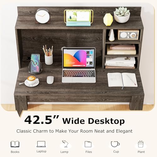 Tangkula Computer Desk with Hutch & Charging Station, Home Office Writing Study Desk with Storage Shelves, Cable Management Hole, Laptop Desk, Desk for Bedroom, Computer Workstation (Gray Oak) - color: Gray Oak