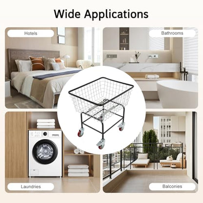 Wire Laundry Cart, Commercial Laundry Basket Cart with Wheels, 26.77"D x 21.5"W x 26"H Heavy Duty Steel Wire Hamper for Clothes Storage, Steel Frame with Galvanized, 4" Casters