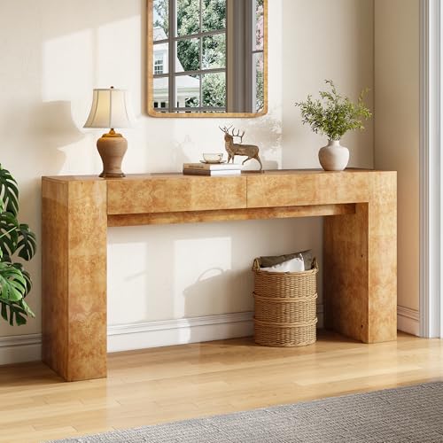 AMERLIFE 63" Burl Wood Console Table, Modern High Gloss Entryway Table with 2 Storage Drawers, Long Sofa Table Behind the Couch for Entrance, Hallway, Foyer, Living Room, Natural - color: Natural