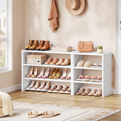 Hoctieon 3-Tier Expandable Shoe Shelf, Adjustable Shoe Shelf Storage Organizer, Stackable Iron Wood Combination Free Standing Shoe Rack for Entryway, Closet, Doorway, White - size: 1 Pack(3-Tier)
