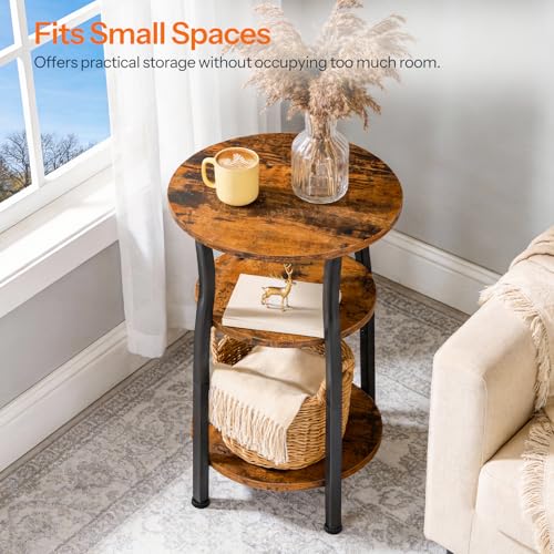 HOOBRO Small Round Side Table, 3-Tier Oval End Table with Storage, Slim Night Stand for Small Spaces, Corner Sofa Table for Living Room, Bedroom, Rustic Brown and Black BF258BZ01