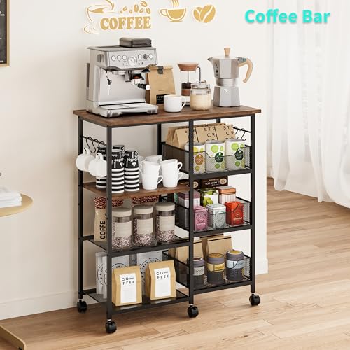 HapiRm Rolling Kitchen Carts with Storage - Microwave Table Stand with 6 Hooks & 3 Baskets, kitchen Island Cart on Lockable Wheels, 28.3" L × 14.6" W Bakers Rack Cart for Dining Room Coffee Bar Office - color: Brown