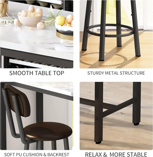 AWQM 3 Piece Bar Table Set of 2,39.3" Pub Bar Table and Chairs Set,Faux Marble Bar Height Table with 2 Backrest Stools,Small Dining Table for 2,Kitchen Table Set for Small Space,White & Brown(2 Set) - color: White