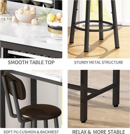 AWQM 3 Piece Bar Table Set of 2,39.3" Pub Bar Table and Chairs Set,Faux Marble Bar Height Table with 2 Backrest Stools,Small Dining Table for 2,Kitchen Table Set for Small Space,White & Brown(2 Set) - color: White