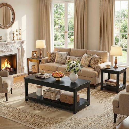 Homieasy 43.3” Rectangular Coffee Table with Storage Shelf, Black | Farmhouse Wood Center Table for Living Room, Modern Black Tea Table with Open Shelf - color: Black