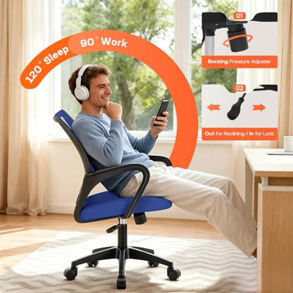 BestOffice Ergonomic Office Chair | Mid-Back Swivel Desk Chair | Blue | with Lumbar Support, Adjustable Height & Breathable Backrest | Sponge Seat & Rolling Wheels | for Home, Office | Pack of 1 - color: Blue, style: pack of 1