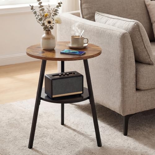 Small Round Side Table, End Tables Living Room, Rustic Brown | 2-Tier Side Table with Storage Shelf for Small Spaces, Bedside Accent Table for Living Room, Bedroom, Metal Frame & Wood Top - color: Rustic Brown