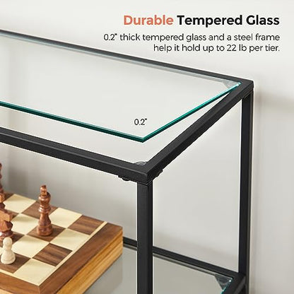 VASAGLE 39.4 Inch Console Table with 3 Shelves, Sofa Tables, Modern Entryway Table, Metal Frame, Tempered Glass Shelf, Entryway Living Room Bedroom, Classic Black and Transparent ULGT027B01 - color: Classic Black + Transparent, size: 39.4"W