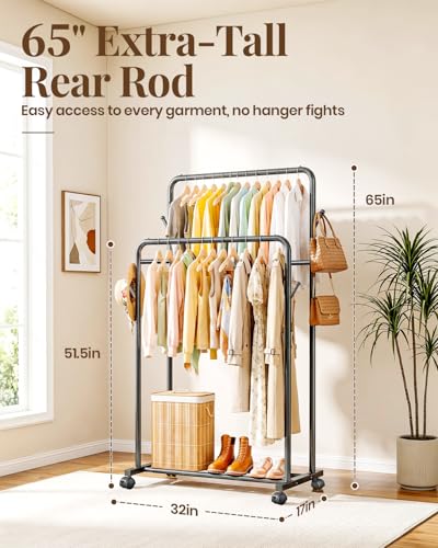 Delamu Clothes Rack Double Rods Clothing Racks for Hanging Clothes with Rolling Wheels, Hooks, Metal Garment Rack, Portable Wardrobe Coat Rack with Shelfs for Bedroom, Laundry Room, Black 65''Hx32''W