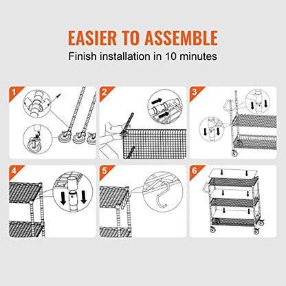 VEVOR Kitchen Utility Cart, 3 Tiers, Wire Rolling Table with 661 LBS Capacity, Steel Service Desk on Wheels, Metal Storage Trolley with 80 mm Deep Basket Curved Handle PP Liner 6 Hooks - size: 18"D x 35"W x 40.9"H