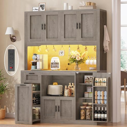 Itaar 71" Pantry Cabinet with Charging Station and LED Light, Kitchen Pantry Cabinet with Microwave Stand, 47.2" Wide Kitchen Storage Cabinets with Storage Cart 3 Tier for Dining Room, Grey - color: Grey