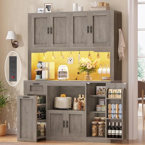 Itaar 71" Pantry Cabinet with Charging Station and LED Light, Kitchen Pantry Cabinet with Microwave Stand, 47.2" Wide Kitchen Storage Cabinets with Storage Cart 3 Tier for Dining Room, Grey - color: Grey