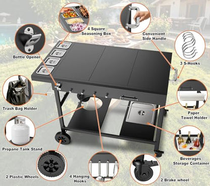 Outdoor Pizza Oven Table with Topping Station | Propane Tank Stand, Beverage Storage Tray, Seasoning Boxs, 4 Wheels, Hooks, Pizza Oven Table for Patio, Kitchen, Backyard