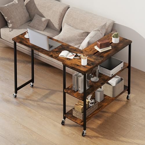 Tangkula Large 360° Free Rotating Sofa Side Table, Patented Mobile Couch Desk with 2-Tier Storage Shelves, Movable Laptop Desk with Sturdy Metal Frame, Extendable Couch Snack Table for Home Office - color: Rustic Brown, size: Large