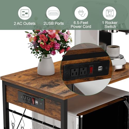 ETELI Bakers Rack with Power Outlet Microwave Stand Cart with Storage Coffee Station Table Cart on Wheels for Kitchen Living Room Bedroom, Rustic Brown - color: Brown