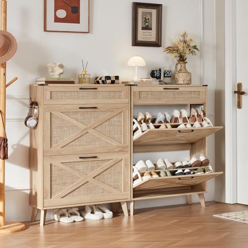 LEYAOYAO Shoe Cabinet Storage for Entryway with 2 Flip Drawers Rack Narrow Organizer Slim Hidden Wood Shoe Cabinet Furniture Natural Oak - color: Natural Oak