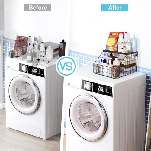 MSJGA Laundry Room Shelves Wall Mounted with Storage Basket - Farmhouse Stackable Wire Wall Shelves Organizer for Towels, Detergent, Tissues | Space-Saving Over Washer & Dryer(11.8" Wx12 Dx8.5 H) - size: 12"D