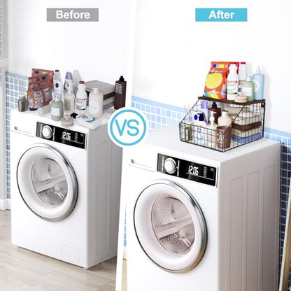 MSJGA Laundry Room Shelves Wall Mounted with Storage Basket - Farmhouse Stackable Wire Wall Shelves Organizer for Towels, Detergent, Tissues | Space-Saving Over Washer & Dryer(11.8" Wx12 Dx8.5 H) - size: 12"D