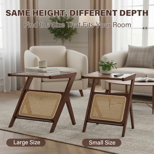 Tiita 2 Pack Rattan Side Table, Mid Century Nightstand, Bamboo Accent Bedside Tables, Glass Coffee Tables, Boho Wooden End Table with Storage for Small Space, Living Room and Bedroom - color: 2 Pack Rattan-s-brown