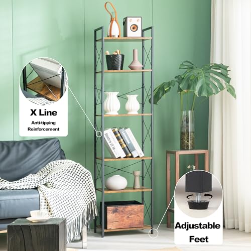 HCHQHS Narrow Bookshelf, Adjustable 6-Tier Industrial Bookcase, Rustic Open Book Shelf, Freestanding Tall Bookshelves with Metal Frame - color: Rustic Brown, size: 6-Tier (16.5"W x 70.2"H, Adjustable)