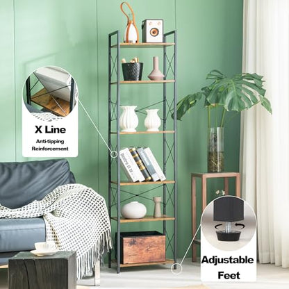 HCHQHS Narrow Bookshelf, Adjustable 6-Tier Industrial Bookcase, Rustic Open Book Shelf, Freestanding Tall Bookshelves with Metal Frame - color: Rustic Brown, size: 6-Tier (16.5"W x 70.2"H, Adjustable)