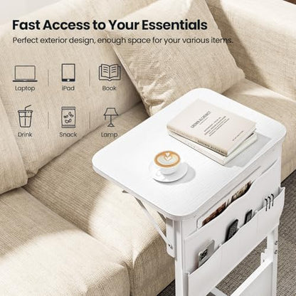 HLDIRECT C Shaped End Table with Charging Station & Storage Bag White | 2 USB & 2 Outlets, Storage Bag, FSC Wood, Foldable, 11.8"D x 15.7"W, for Small Spaces, Couch, Bedroom - color: White