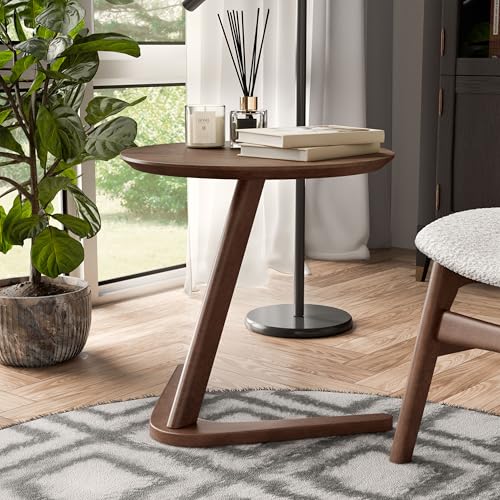 Furniture of America Lucian Mid-Century Modern Solid Wood Brown Round Side Table with V-Shape Base, Minimalistic Bedside Table for Living Room, Office, Home, Walnut