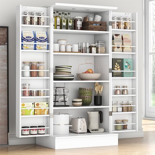 kepptory 47” Pantry Cabinet, Kitchen Pantry Storage Cabinet with Doors and Adjustable Shelves,Freestanding Buffet Cupboards Sideboard for Living Room and Dinning Room (White) - color: White, size: 26"W × 16"D × 47"H