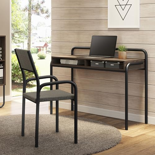 Techni Mobili Modern Office Desk with Storage - 46 Inch Classic Writing Table with 2 Open Shelves for Easy Access - Industrial Walnut Desk with Scratch Resistant Steel Frame Allure Collection | 46 Inch modern writing desk with 2 open shelves, scratch‑resi