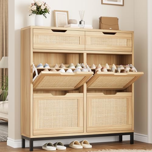 Jocoevol Rattan Shoe Cabinet for Entryway, Boho Shoe Storage Cabinet with 4 Flip Drawers and 2 Drawers, Narrow Freestanding Shoe Rack with Metal Legs for Entryway/Hallway/Foyer (Natural) - color: Natural