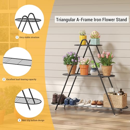 Plant stand indoor Outdoor 3-Tier plant shelf Shoe Shelf Rack Organizer | Metal Plant Rack Shelf Heavy Duty for Multiple Flower Pot Multi-Purpose for Living Room Patio Garden Entryway Balcony (Black)