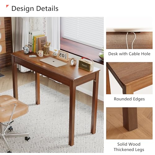 Solid Wood Desk with Drawers - 39" Narrow Desks for Small Spaces, Mid Century Modern Desks, Small Wooden Vintage Computer Writing Desk, Study Table for Home Office Bedroom, Walnut