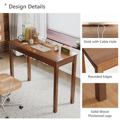 Solid Wood Desk with Drawers - 39" Narrow Desks for Small Spaces, Mid Century Modern Desks, Small Wooden Vintage Computer Writing Desk, Study Table for Home Office Bedroom, Walnut