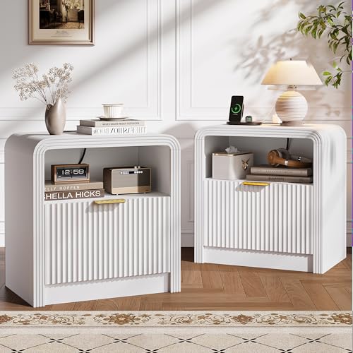 Decofy 23'' Wide Fluted Nightstand Set of 2 with Charging Station, Beside Table with Drawers & Open Shelf, Mordern Large Night Stand with Curved Corners, Wood End Table for Bedroom, White - color: White, size: 2 Pack
