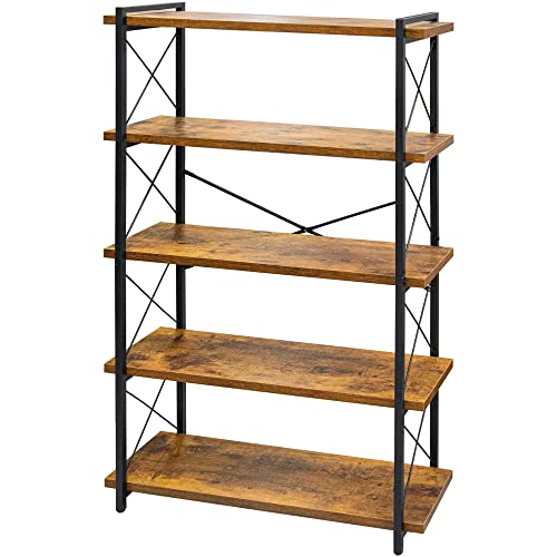 HCHQHS Bookshelf, 5-Tier Industrial Bookcase, Rustic Open Book Shelf, Freestanding Tall Bookshelves with Metal Frame - color: Rustic Brown, size: 5-Tier (35.8"W x 65.7"H)