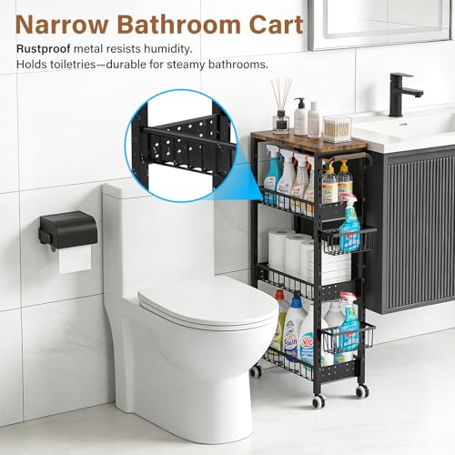 7.8 Inch Ultra-Slim 4-Tier Rolling Storage Cart with Adjustable Shelves - Lockable Wheels & Wooden Top for Narrow Spaces Between Washer/Dryer, Bathroom, Kitchen Organization (Black) - color: Black