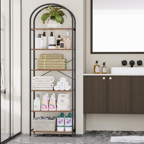 Homhedy 6-Tier Arched Bookshelf, Display Racks, Tall Book Shelf, 73.6" H | Wood and Metal Bookcase, Industrial Display Standing Shelf Unit, for Home, Office, Living Room, Bedroom, Rustic Brown - size: 6 Tier -23.6"W
