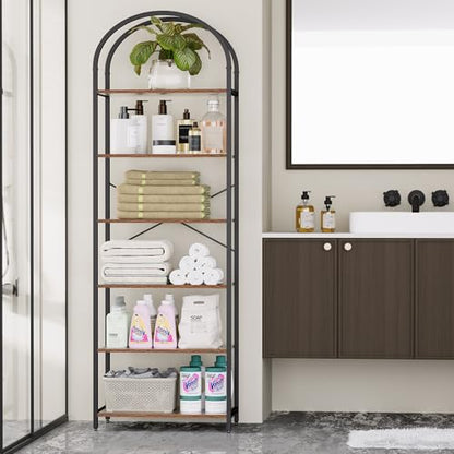 Homhedy 6-Tier Arched Bookshelf, Display Racks, Tall Book Shelf, 73.6" H | Wood and Metal Bookcase, Industrial Display Standing Shelf Unit, for Home, Office, Living Room, Bedroom, Rustic Brown - size: 6 Tier -23.6"W