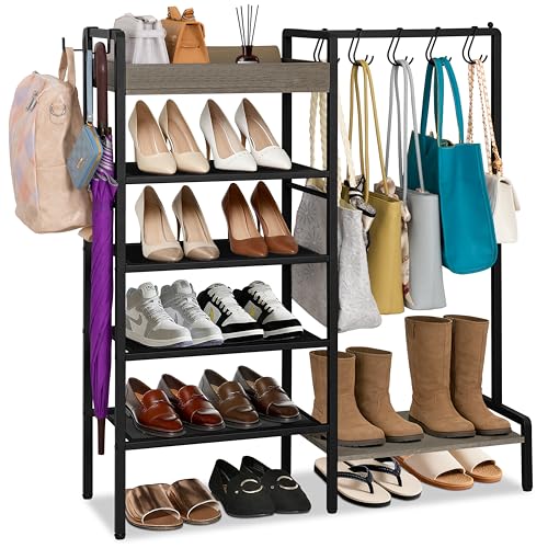 2-in-1 Shoe and Purse Rack, 5-Tier Shoe Rack with Wooden Tray & 7 Hooks, Industrial Metal Shoe Shelf with Removable Shelves for Entryway, Front Door Entrance, Closet, Boot Storage, Black - color: Black With Grey