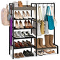2-in-1 Shoe and Purse Rack, 5-Tier Shoe Rack with Wooden Tray & 7 Hooks, Industrial Metal Shoe Shelf with Removable Shelves for Entryway, Front Door Entrance, Closet, Boot Storage, Black - color: Black With Grey